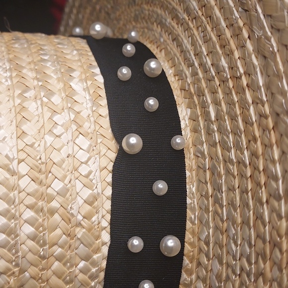 Wheat Straw & Pearl Black Ribbon Boater Hat by BCBGeneration - Picture 2 of 5